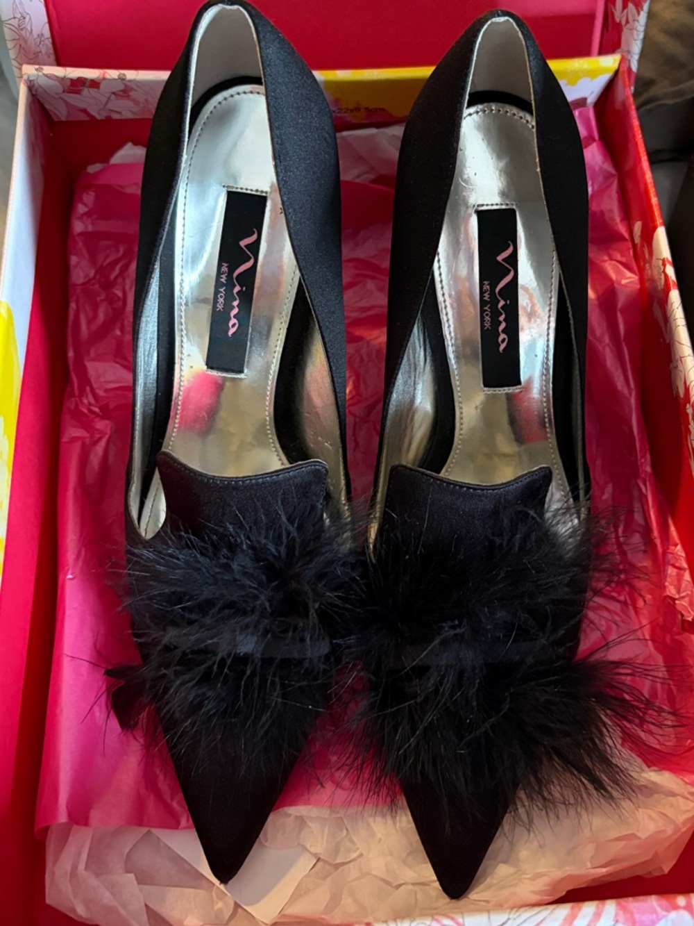 Nina Black Pointed Satin Pumps with Feather Pom